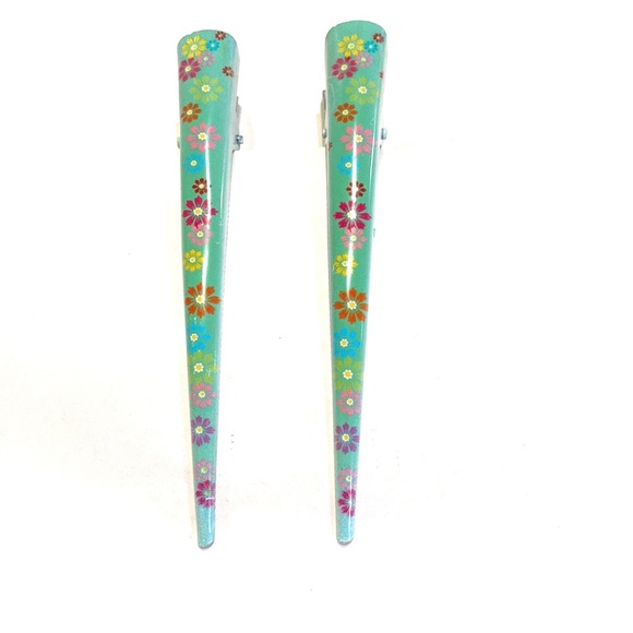 Updo Hair Clips Set Of 2 Green With Multi Colored Flowers - Picture 2 of 5